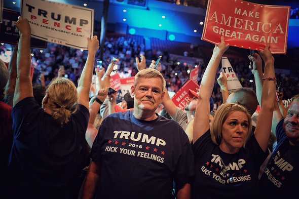 Trump rally supporters with Fuck Your Feelings tshirts